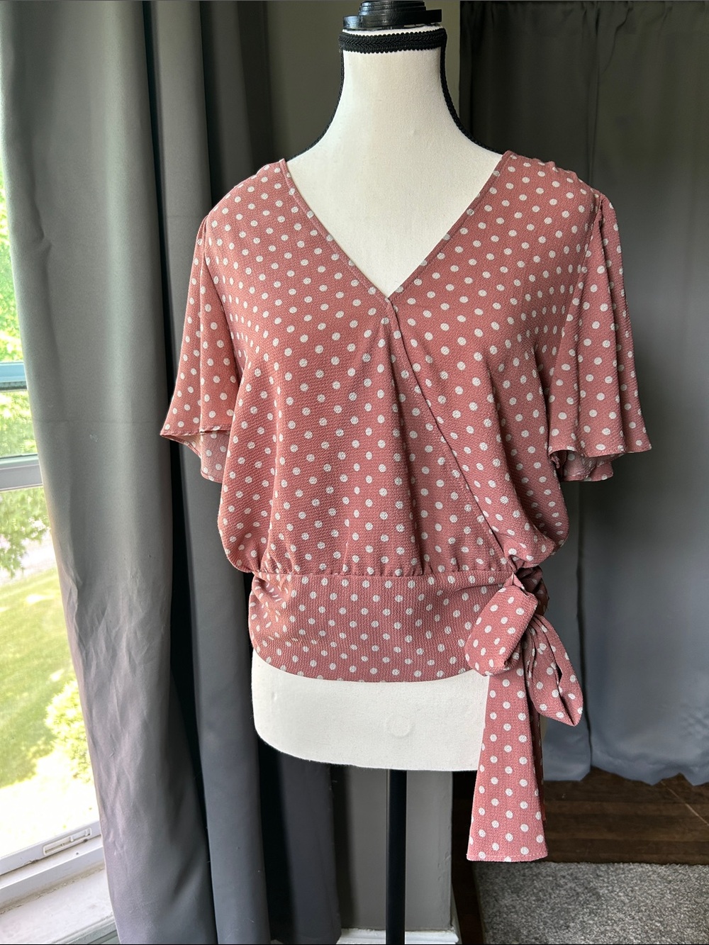 Polka Dot Wrap Tie Blouse in Dusty Pink